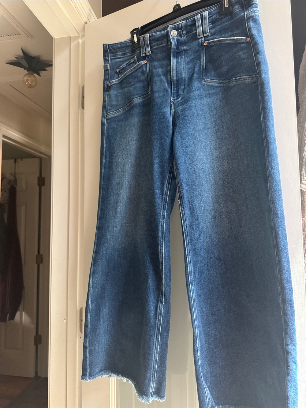PAIGE Mid Blue Wide-Leg Jeans with Raw Hem - Picture 1 of 4